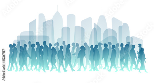 Diverse people, modern city population. Urban lifestyle. Different human silhouettes. Men, women, kids, seniors group. Walking crowd, street community society concept. Vector cityscape illustration