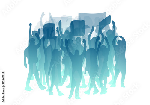 Abstract people silhouettes. Hands up, hold banners. Social conflict illustration. Diverse crowd, community, society. Protest strike, revolution picket concept. Public manifest abstract vector art