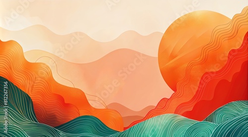 Fototapeta Naklejka Na Ścianę i Meble -  Colorful hand-drawn Background for the Asian American Heritage Month banner. Oriental template design with an empty space for copying text. Abstract background with red sun and waves
