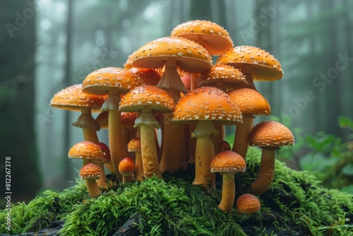 Vibrant orange Amanita mushrooms are nestled against lush moss, with a hazy, foggy forest backdrop photo
