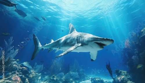 The great White Shark in the ocean  portrait of White shark hunting prey in the underwater