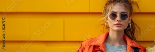 Photo of a woman in sunglasses and an orange jacket holding shopping bags on the right side, standing against a vibrant yellow background photo