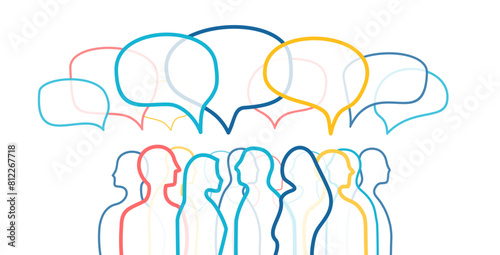 Men and women group, speech bubble talk. People crowd voice, blogger panel. Message noise, Network connect Idea. Vector color line Abstract Background. Social Media communication, discussion concept.