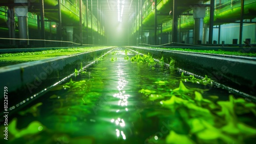 ネオングリーン照明の産業用藻類栽培施設 