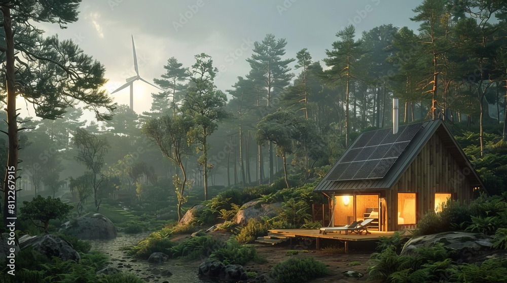 An offgrid cabin in a forest, powered entirely by a small solar panel array and a wind turbine An offgrid cabin in a forest, powered entirely by a small solar panel array and a wind turbine