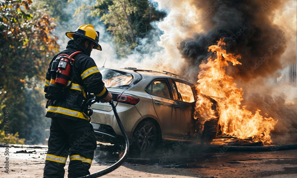 Obraz premium Car in fire with firefighter battling with fire hose