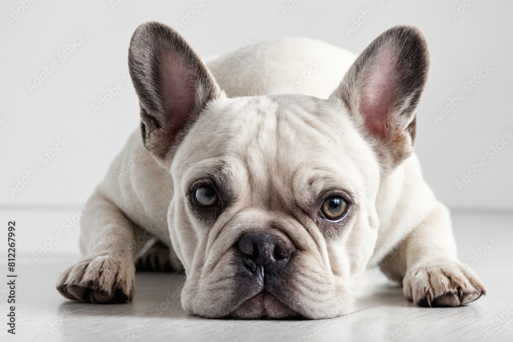 French Bulldog, 12 months old, lying in front of white background French Bulldog, 12 months old, lying in front of white background