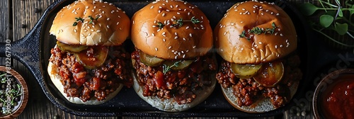 Sloppy joe sliders with pickles, top view horizontal food banner with copy space photo