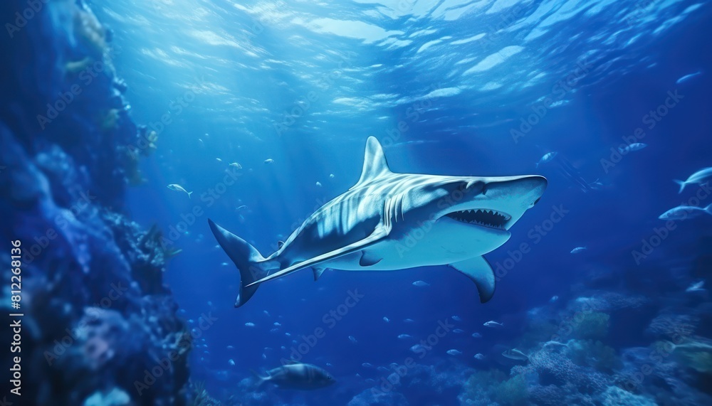 Fototapeta premium The great White Shark in the ocean, portrait of White shark hunting prey in the underwater