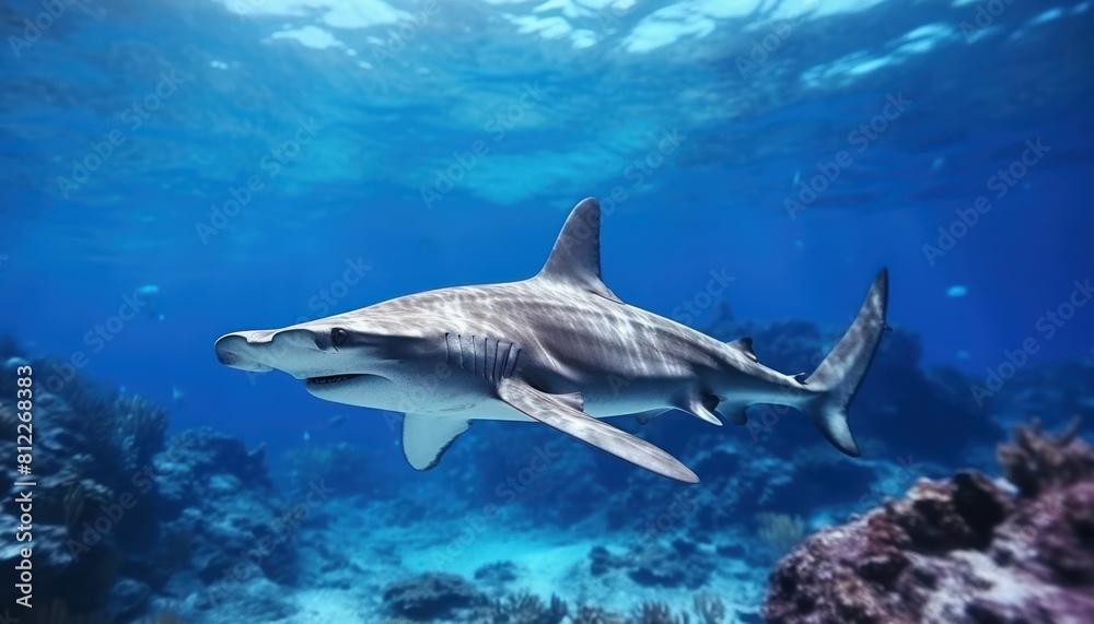 The great White Shark in the ocean, portrait of White shark hunting prey in the underwater The great White Shark in the ocean, portrait of White shark hunting prey in the underwater
