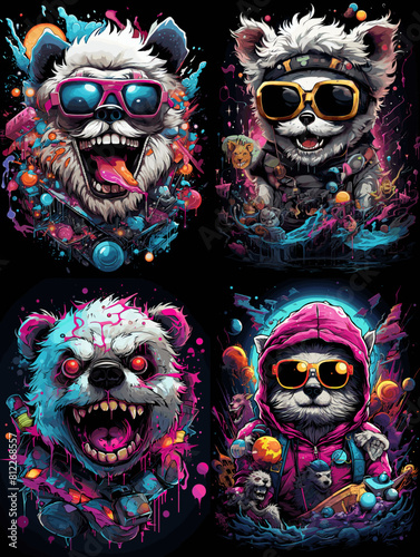 Energetic cartoon pandas in streetwear and sunglasses with neon splashes and wild expressions. A bold mix of urban style, graffiti, and digital art in vibrant fantasy portraits.

