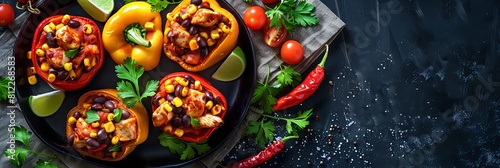 Southwest chicken stuffed peppers with black beans and corn, top view horizontal food banner with copy space
