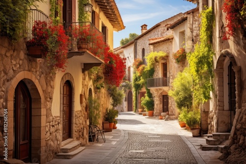 Sun-kissed cobblestone streets historic quarter, Wandering through the charming alleys of Old Town. © SaroStock