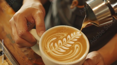 A barista creating a detailed latte art design in a freshly brewed cup of coffee  in a modern coffee shop setting.