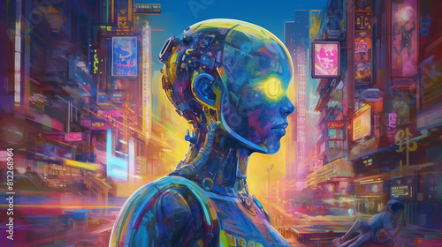 A portrait of a humanoid robot in the midst of a bustling futuristic cityscape, the background characterized by a blend of vibrant blue and yellow hues, with neon signs and holographic displays adding