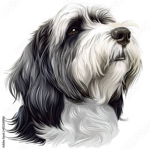 Close-up portrait of a bearded collie dog with fluffy fur in sketch style against a white backdrop photo