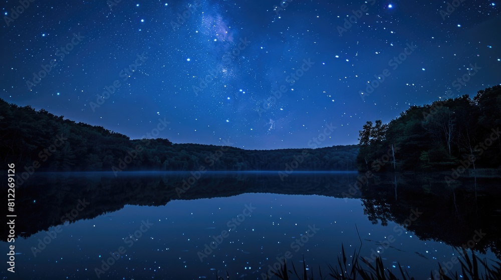 A captivating night sky filled with stars above a tranquil lake, reflecting the constellations and adding to the serene atmosphere.