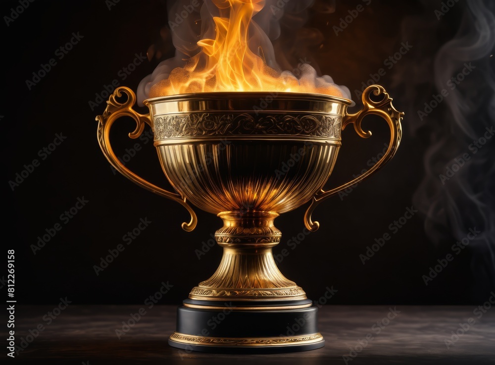 Trophy cup with smoke and fire on a dark background Trophy cup with smoke and fire on a dark background