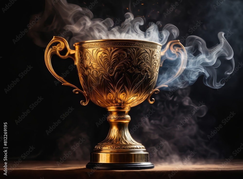 Trophy cup with smoke on a dark background Trophy cup with smoke on a dark background