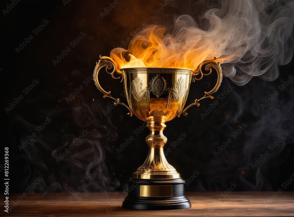 Trophy cup with smoke and fire on a dark background Trophy cup with smoke and fire on a dark background