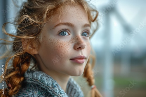 Close-up of a dreamy red-haired girl with freckles and a thoughtful expression near a window