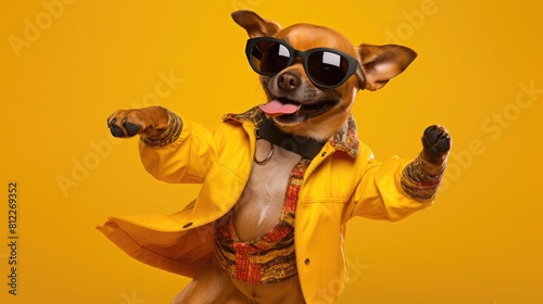 Stylish dog rocking sunglasses and a jacket on yellow background, Cool canine sporting shades and a jacket against yellow backdrop. © SaroStock