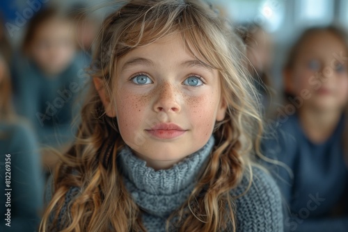 Softly lit portrait of a dreamy girl with blue eyes and freckles wearing a grey sweater
