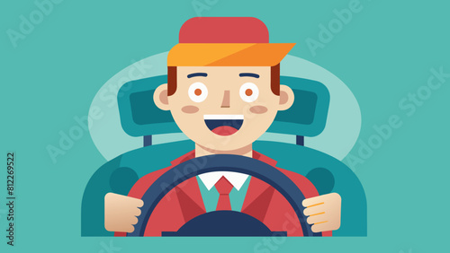cheerful driver behind the wheel of a car cartoon vector illustration