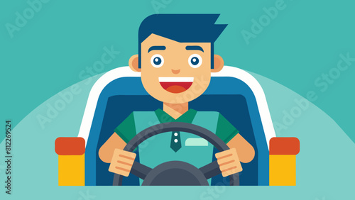 cheerful driver behind the wheel of a car cartoon vector illustration