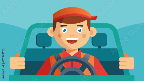 cheerful driver behind the wheel of a car cartoon vector illustration