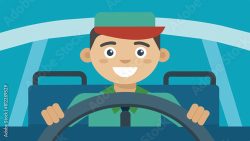 cheerful driver behind the wheel of a car cartoon vector illustration