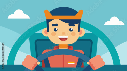 cheerful driver behind the wheel of a car cartoon vector illustration