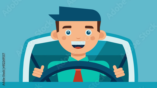 cheerful driver behind the wheel of a car cartoon vector illustration