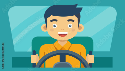 cheerful driver behind the wheel of a car cartoon vector illustration