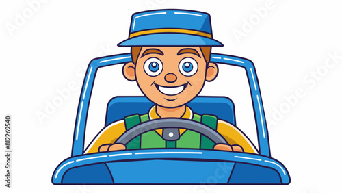 cheerful driver behind the wheel of a car cartoon vector illustration
