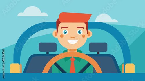 cheerful driver behind the wheel of a car cartoon vector illustration