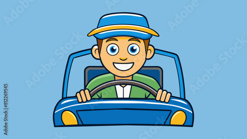 cheerful driver behind the wheel of a car cartoon vector illustration