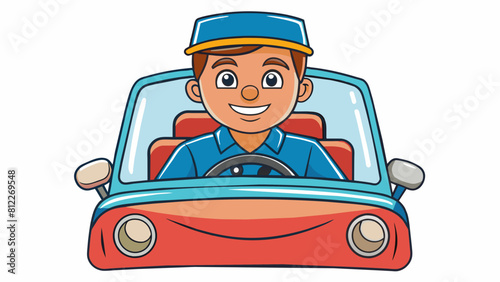 cheerful driver behind the wheel of a car cartoon vector illustration