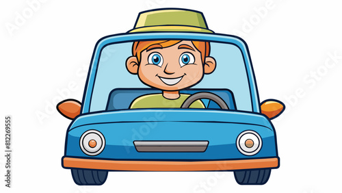 cheerful driver behind the wheel of a car cartoon vector illustration