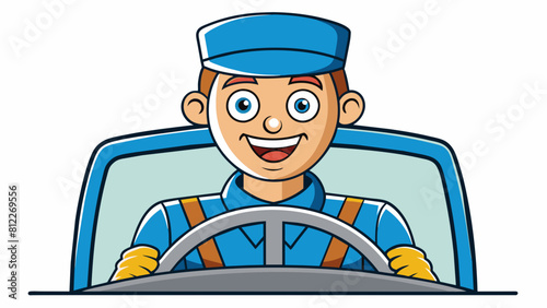 cheerful driver behind the wheel of a car cartoon vector illustration