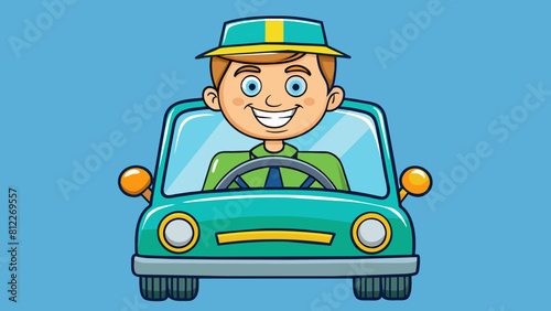cheerful driver behind the wheel of a car cartoon vector illustration