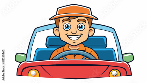 cheerful driver behind the wheel of a car cartoon vector illustration