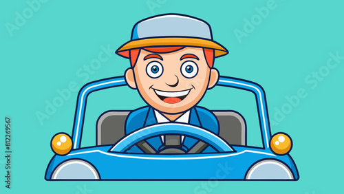cheerful driver behind the wheel of a car cartoon vector illustration