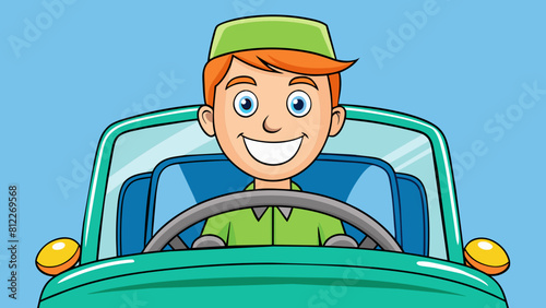 cheerful driver behind the wheel of a car cartoon vector illustration