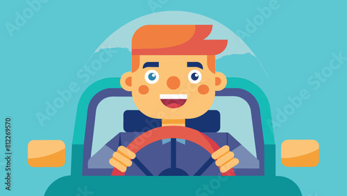 cheerful driver behind the wheel of a car cartoon vector illustration