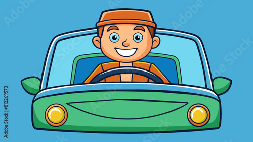 cheerful driver behind the wheel of a car cartoon vector illustration