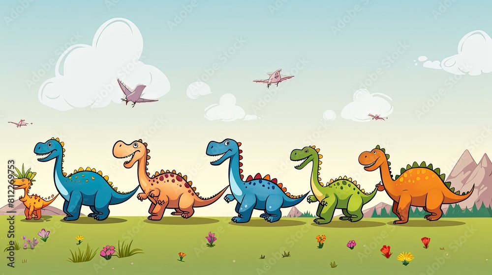 Naklejka premium A playful group of cartoon dinosaurs strolling in a lush field, Colorful cartoon dinosaurs marching through a green landscape.