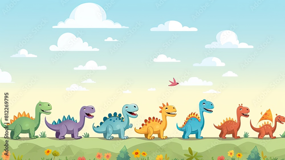 A playful group of cartoon dinosaurs strolling in a lush field, Colorful cartoon dinosaurs marching through a green landscape. A playful group of cartoon dinosaurs strolling in a lush field, Colorful cartoon dinosaurs marching through a green landscape.