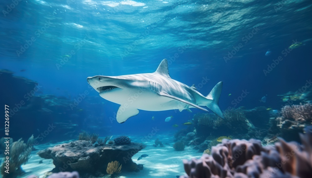 The great White Shark in the ocean, portrait of White shark hunting prey in the underwater The great White Shark in the ocean, portrait of White shark hunting prey in the underwater