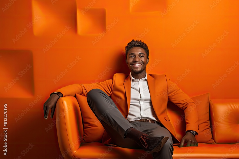 Man relaxing on vibrant orange couch, Male sitting comfortably on orange sofa. Man relaxing on vibrant orange couch, Male sitting comfortably on orange sofa.